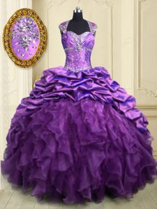 Classical Purple Organza and Taffeta Lace Up Quince Ball Gowns Cap Sleeves With Brush Train Beading and Ruffles and Pick Ups