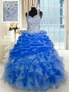 Royal Blue Ball Gown Prom Dress Military Ball and Sweet 16 and Quinceanera and For with Beading and Ruffles and Pick Ups Straps Sleeveless Zipper