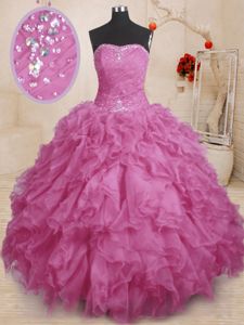 Sleeveless Organza Floor Length Lace Up 15 Quinceanera Dress in Fuchsia for with Beading and Ruffles and Ruching