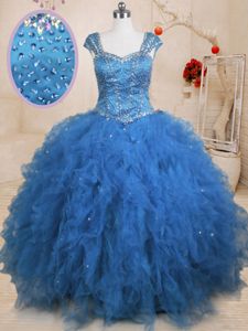 Teal Cap Sleeves Floor Length Beading and Ruffles and Sequins Lace Up Quinceanera Gown