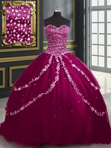 Super Burgundy and Fuchsia Lace Up Quinceanera Dress Beading and Appliques Sleeveless With Brush Train