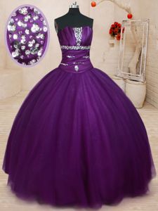 Super Sleeveless Tulle Floor Length Lace Up Vestidos de Quinceanera in Dark Purple for with Beading