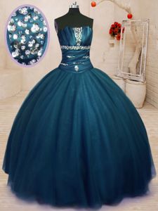 Navy Blue Sleeveless Beading Floor Length Sweet 16 Quinceanera Dress