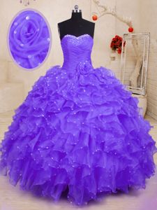 Admirable Purple Lace Up Sweetheart Beading and Ruffles and Hand Made Flower Quince Ball Gowns Organza Sleeveless