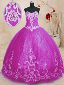 Flare Fuchsia Lace Up Quince Ball Gowns Beading and Embroidery Sleeveless Floor Length