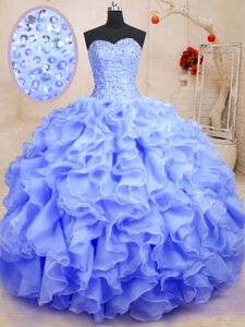 Deluxe Lavender Organza Lace Up Sweetheart Sleeveless Floor Length Vestidos de Quinceanera Beading and Ruffles