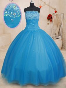 Floor Length Baby Blue Quinceanera Gowns Strapless Sleeveless Lace Up