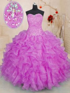 Unique Floor Length Fuchsia Quinceanera Gowns Organza Sleeveless Beading and Ruffles