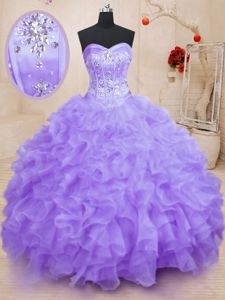 Luxurious Sweetheart Sleeveless Vestidos de Quinceanera Floor Length Beading and Ruffles Lavender Organza