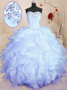 Customized Lavender Organza Lace Up Quinceanera Dresses Sleeveless Floor Length Beading and Ruffles