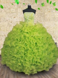 Fabulous Yellow Green Organza Lace Up Quinceanera Dama Dress Sleeveless Floor Length Beading and Ruffles