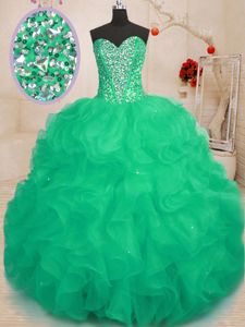 High Quality Sleeveless Floor Length Beading and Ruffles and Sequins Lace Up 15th Birthday Dress with Multi-color