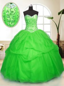 Most Popular Olive Green Sleeveless Sweep Train Beading and Ruffles With Train Quinceanera Gown