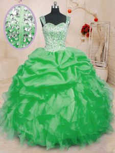 Super Organza Sleeveless Floor Length Quinceanera Court Dresses and Beading and Ruffles and Pick Ups