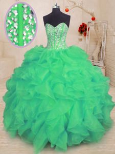 Sleeveless Floor Length Beading and Ruffles Lace Up 15 Quinceanera Dress with Turquoise