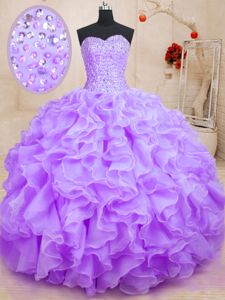 Floor Length Lace Up Quinceanera Dresses Lavender and In for Military Ball and Sweet 16 and Quinceanera with Beading and Ruffles