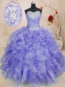 Floor Length Lace Up Quinceanera Gown Lavender and In for Military Ball and Sweet 16 and Quinceanera with Beading and Ruffles