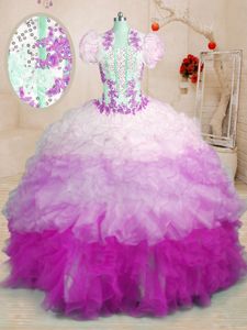 Vintage Multi-color Lace Up Sweetheart Beading and Appliques and Ruffles Ball Gown Prom Dress Organza Sleeveless Brush Train