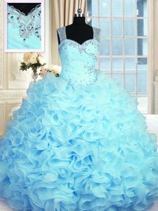 Aqua Blue Straps Zipper Beading and Ruffles Damas Dress Sleeveless