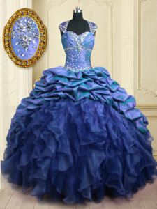 Chic Beading and Ruffles and Pick Ups Quinceanera Gown Blue Lace Up Cap Sleeves With Brush Train