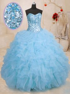 Adorable Floor Length Baby Blue Quinceanera Gown Organza Sleeveless Beading and Ruffles and Pick Ups