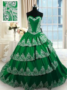 Flirting Dark Green Ball Gowns Sweetheart Sleeveless Taffeta With Train Court Train Lace Up Beading and Appliques and Ruffled Layers Court Dresses for Sweet 16