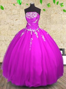 High Quality Fuchsia Tulle Lace Up Strapless Sleeveless Floor Length 15 Quinceanera Dress Appliques and Ruching