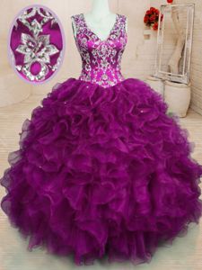 Fuchsia Backless V-neck Beading and Embroidery and Ruffles Quince Ball Gowns Organza Sleeveless