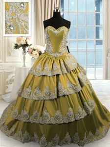 Olive Green Lace Up Quince Ball Gowns Beading and Appliques and Ruffled Layers Sleeveless With Train