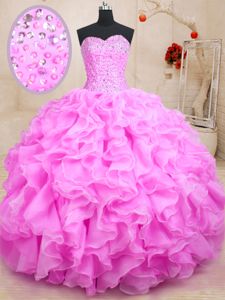 Rose Pink Lace Up Sweet 16 Dresses Beading and Ruffles Sleeveless Floor Length