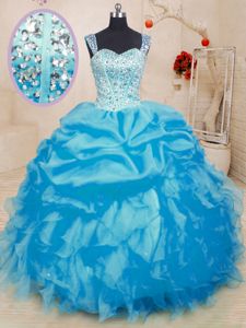 Sleeveless Organza Floor Length Lace Up Quinceanera Dress in Baby Blue for with Beading and Ruffles and Pick Ups