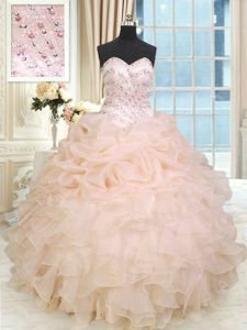 Peach Sleeveless Floor Length Beading and Ruffles Lace Up Quinceanera Gown