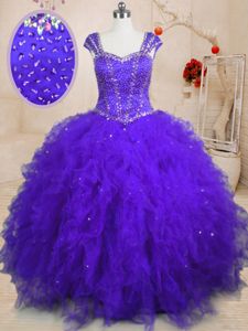 Traditional Cap Sleeves Lace Up Floor Length Beading and Ruffles and Sequins Ball Gown Prom Dress