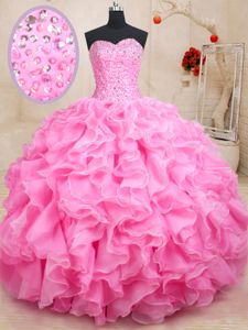 Sweetheart Sleeveless Lace Up Quince Ball Gowns Rose Pink Organza