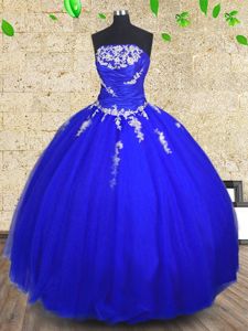 Latest Royal Blue Strapless Neckline Appliques and Ruching 15th Birthday Dress Sleeveless Lace Up