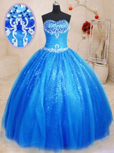 Inexpensive Sleeveless Tulle and Sequined Floor Length Lace Up Ball Gown Prom Dress in Royal Blue for with Beading and Appliques