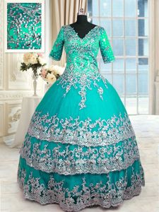 Spectacular Turquoise Zipper Ball Gown Prom Dress Beading and Lace and Appliques and Ruffled Layers Half Sleeves Floor Length