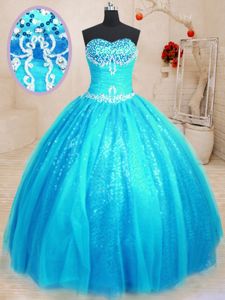 Wonderful Floor Length Baby Blue Sweet 16 Dress Tulle and Sequined Sleeveless Beading and Appliques