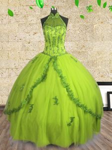 Halter Top Sleeveless Tulle Floor Length Lace Up Sweet 16 Quinceanera Dress in Yellow Green for with Beading