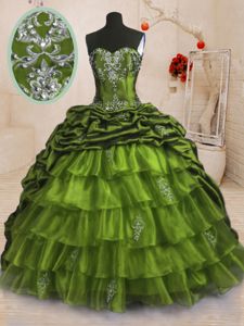 Affordable Pick Ups Ruffled With Train Olive Green Quinceanera Gown Sweetheart Sleeveless Sweep Train Lace Up