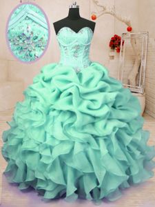 Lovely Apple Green Ball Gowns Sweetheart Sleeveless Organza Floor Length Lace Up Beading and Ruffles and Pick Ups Quinceanera Court Dresses