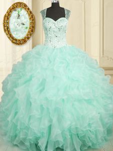 Simple Aqua Blue Straps Zipper Beading and Ruffles Sweet 16 Dress Sleeveless