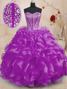 Sweet Purple Organza Lace Up Quinceanera Court of Honor Dress Sleeveless Floor Length Beading and Ruffles