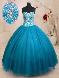 Designer Sweetheart Sleeveless Lace Up Quinceanera Gowns Teal Tulle