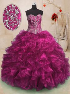 Spectacular Fuchsia Organza Lace Up Sweetheart Sleeveless With Train 15th Birthday Dress Sweep Train Beading and Ruffles