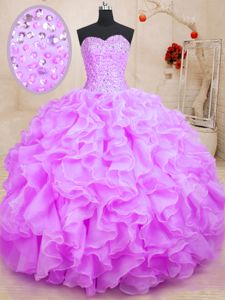 Lilac Ball Gowns Organza Sweetheart Sleeveless Beading and Ruffles Floor Length Lace Up Quinceanera Court Dresses