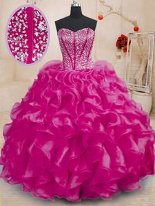 Organza Sweetheart Sleeveless Lace Up Beading and Ruffles Vestidos de Quinceanera in Fuchsia