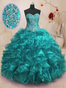 Custom Design Teal Lace Up Quinceanera Gown Beading and Ruffles Sleeveless With Train Sweep Train