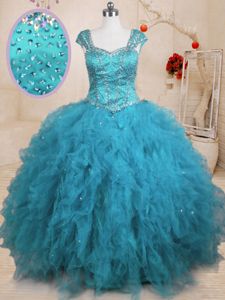 Cap Sleeves Floor Length Beading and Ruffles Lace Up Quinceanera Dress with Baby Blue