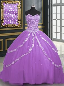 Lavender Tulle Lace Up Sweetheart Sleeveless With Train Vestidos de Quinceanera Brush Train Beading and Appliques